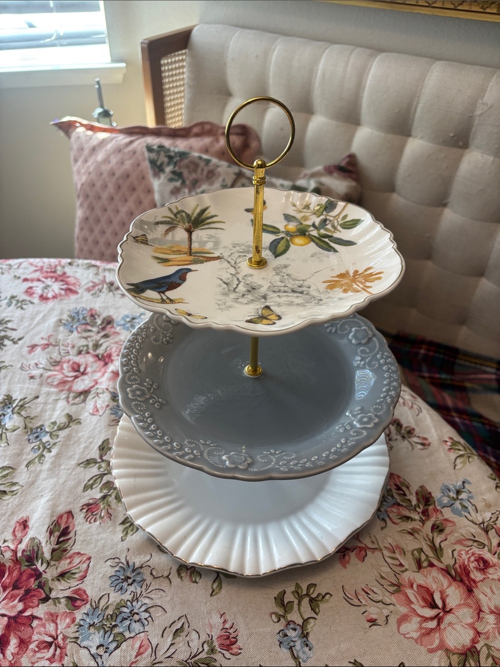 Three-Tier Ceramic Serving Stand in White and Gray with Floral Top
